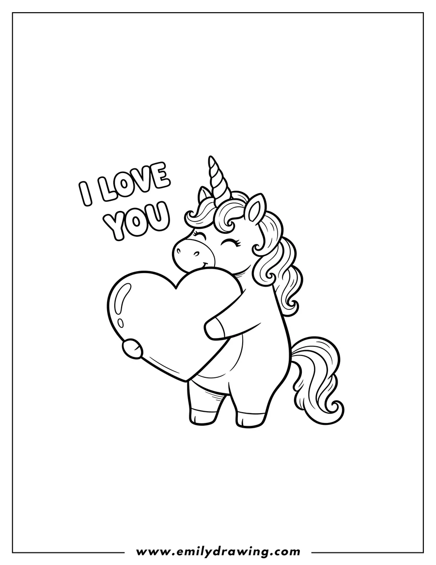 Clean line drawing: cute smiling unicorn hugging a large heart with 'I love you' text above