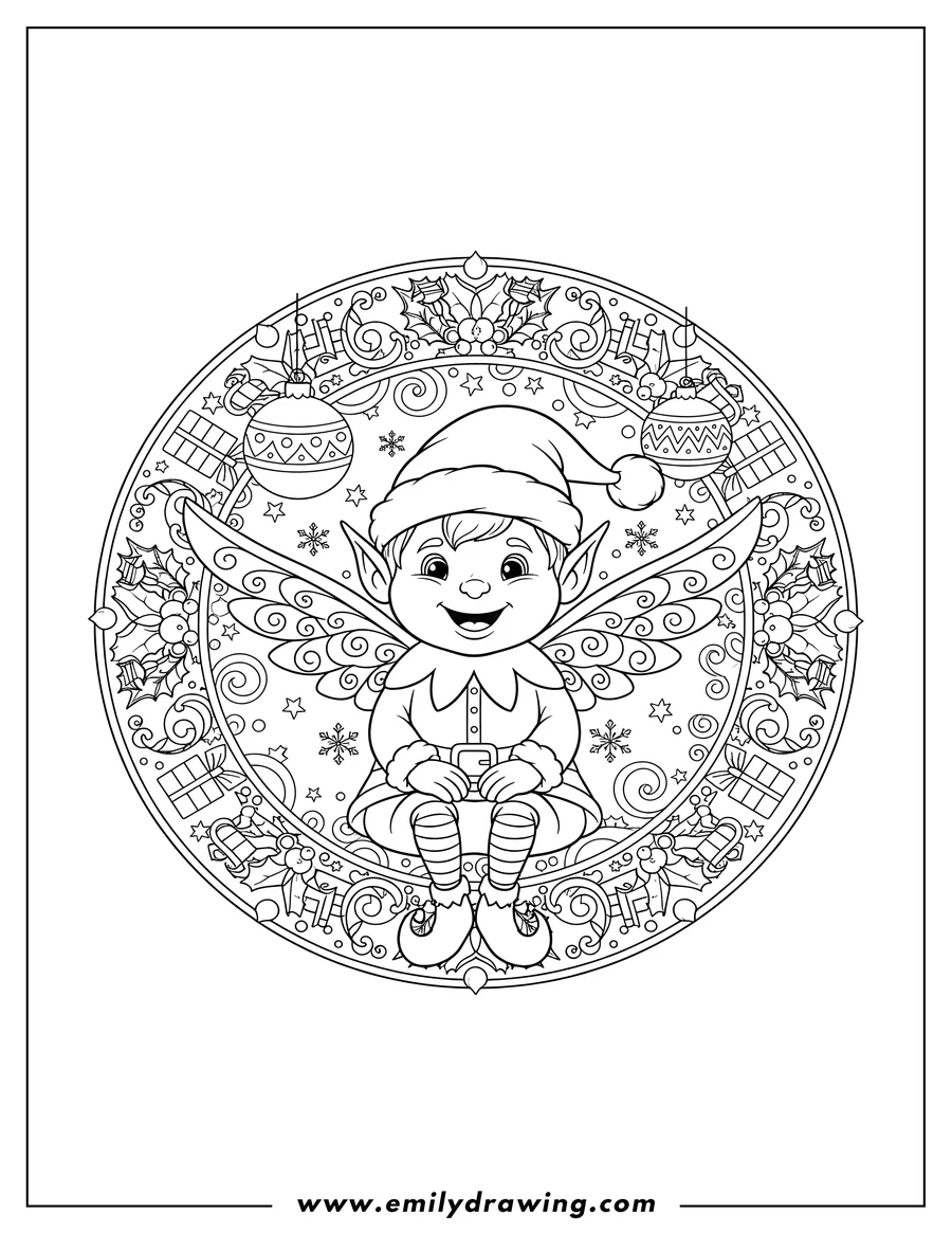 Free to print drawing of smiling winged elf wearing a Santa hat, sitting inside a festive Christmas mandala