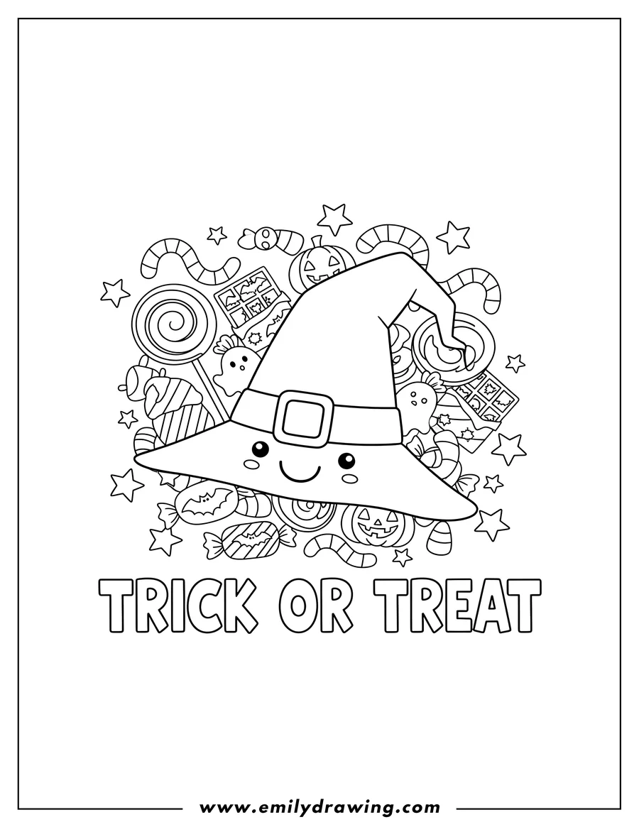 Coloring page of cute Smiling Witch Hat Surrounded By Halloween Candy And Stars, with 'TRICK OR TREAT' text