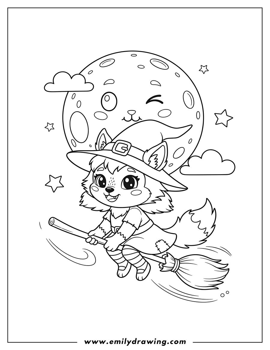 Printable coloring page of cute Smiling Witch Werewolf Flying Across Full Moon On Broom