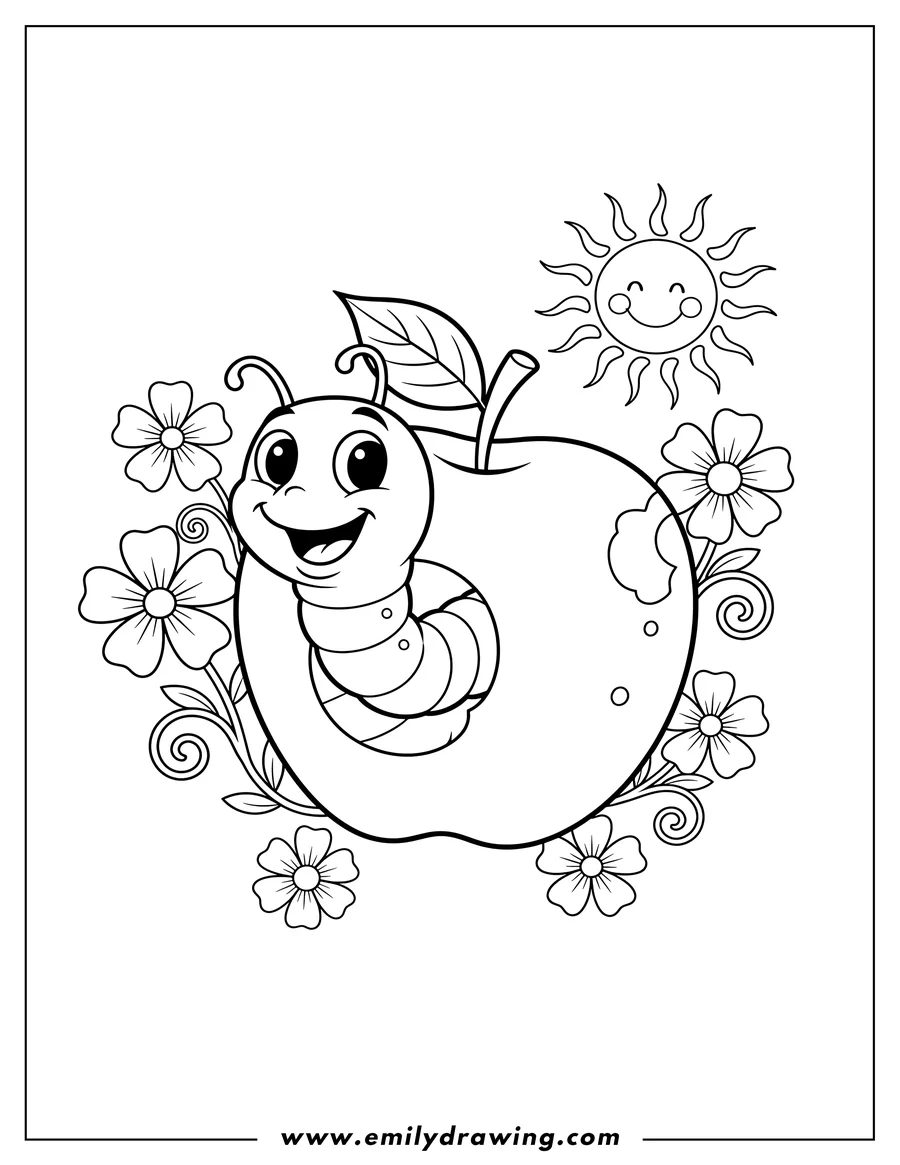 Vector style outline of smiling worm coming out of an apple with flowers and sunshine