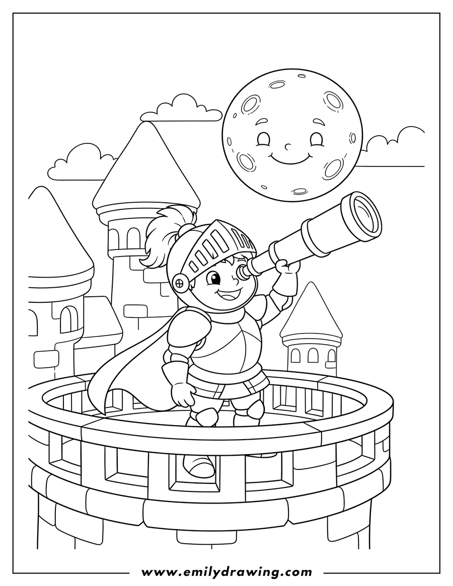 Coloring page of smiling Young Knight on a castle balcony looking through a telescope at the moon