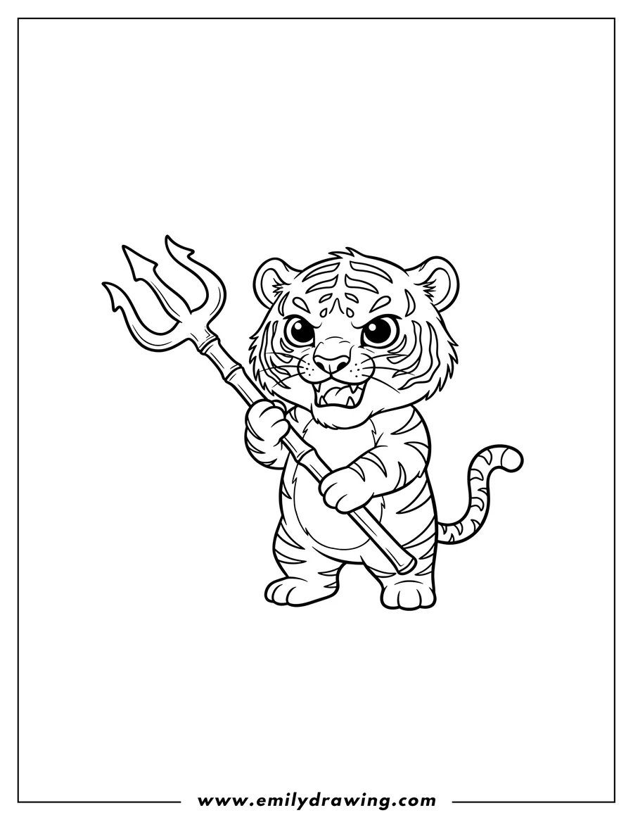 Printable coloring page of snarling Tiny Tiger holding a trident over his shoulder