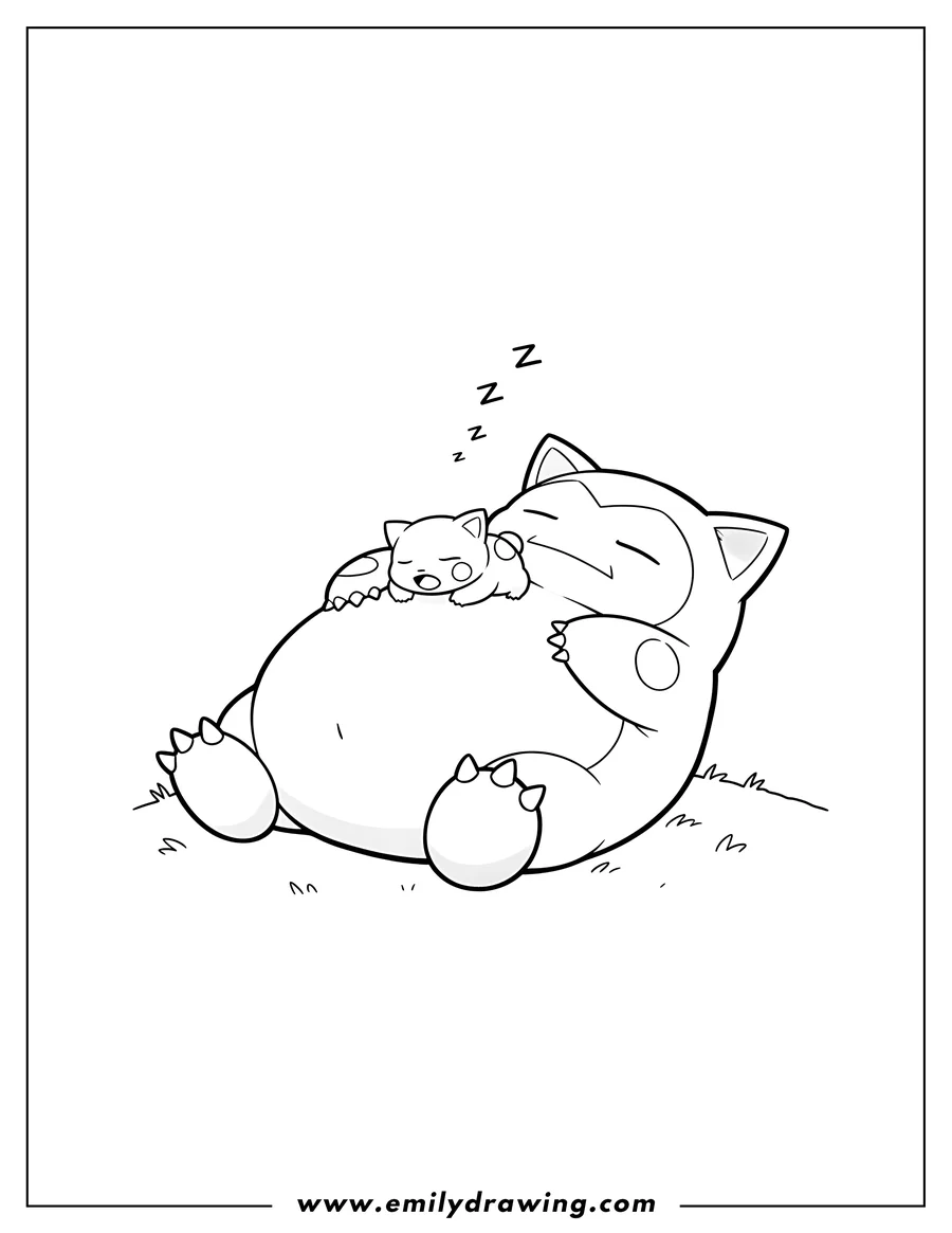 Free to print drawing of snorlax sleeping on its back with Munchlax sleeping on its belly