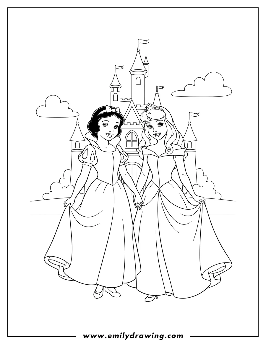 Clean line drawing: snow White and Aurora standing together and smiling outside a castle