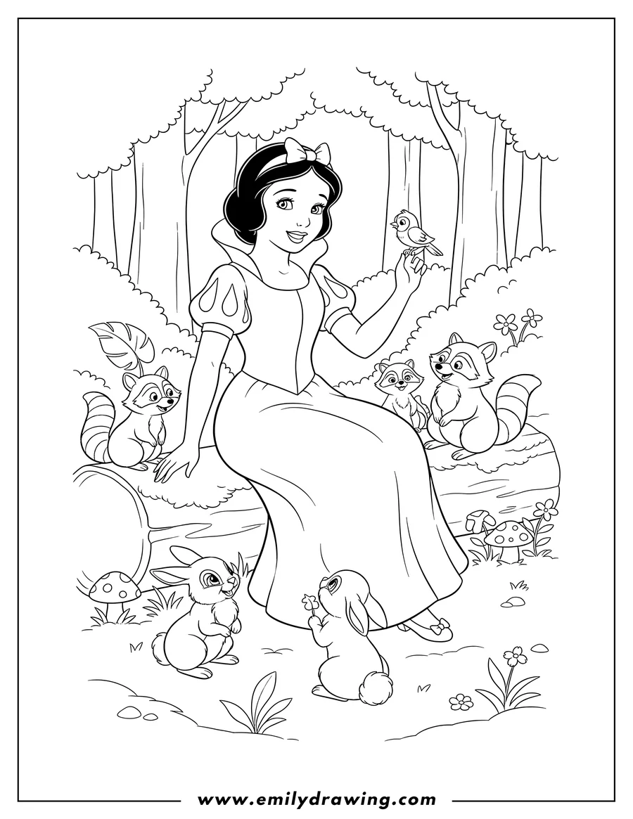 Coloring sheet featuring snow White sitting and waving to her forest animal friends, including rabbits and raccoons