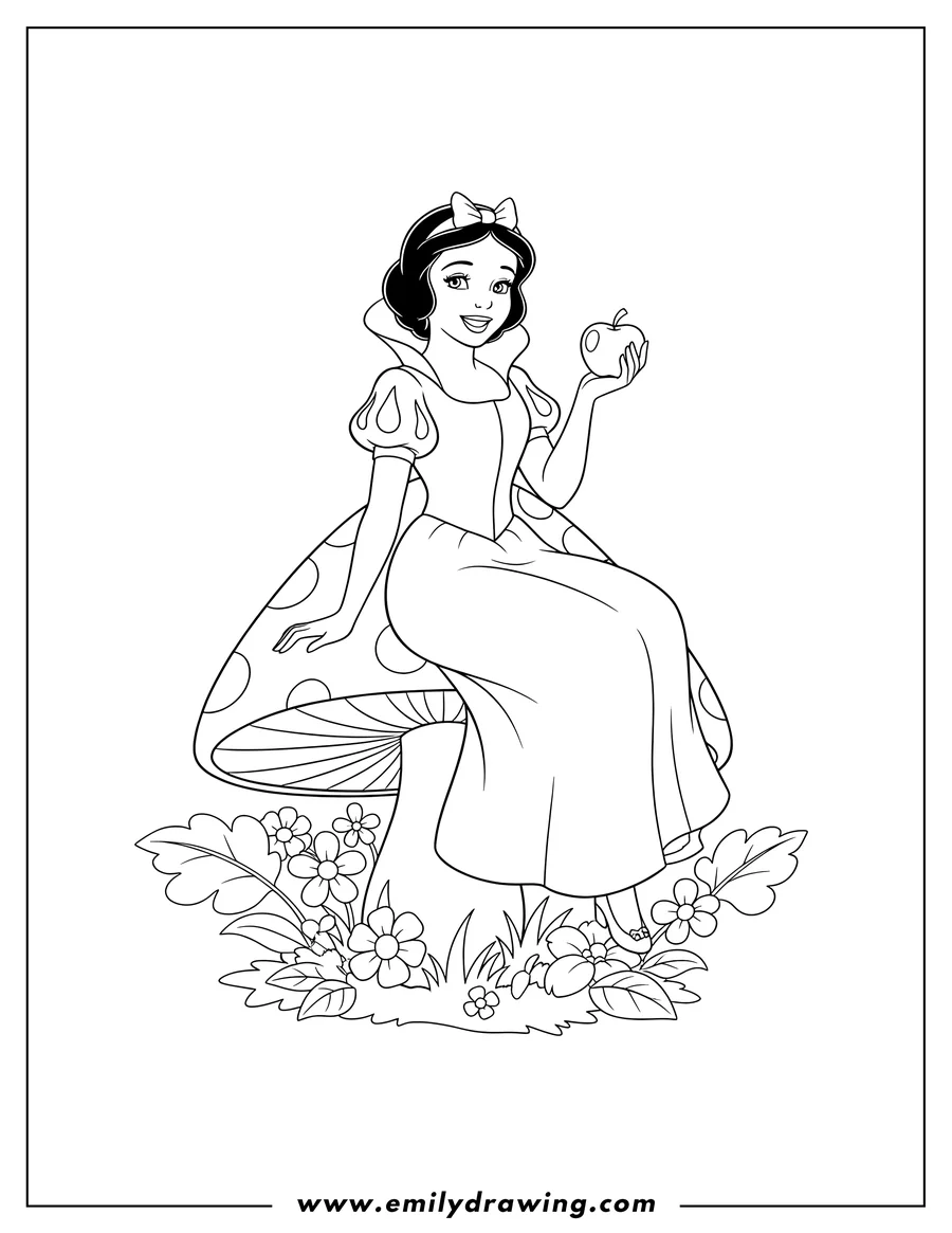 Free to print drawing of disney Adults Snow White Sitting On Mushroom, holding an apple and smiling