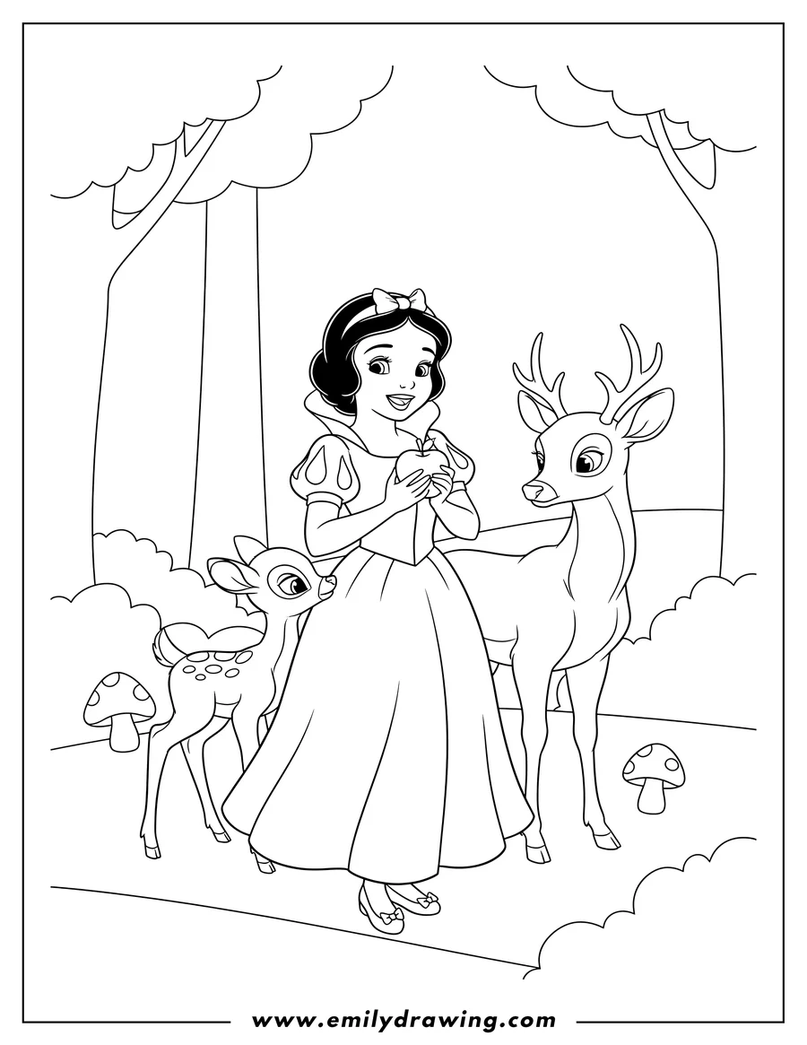 Coloring page for kids: snow White smiling and holding an apple, with a fawn and deer nearby