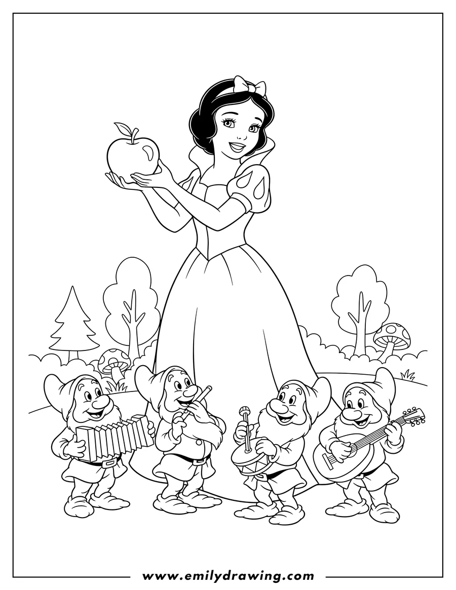 Printable coloring page of snow White smiling and holding an apple, with the happy dwarfs playing musical instruments