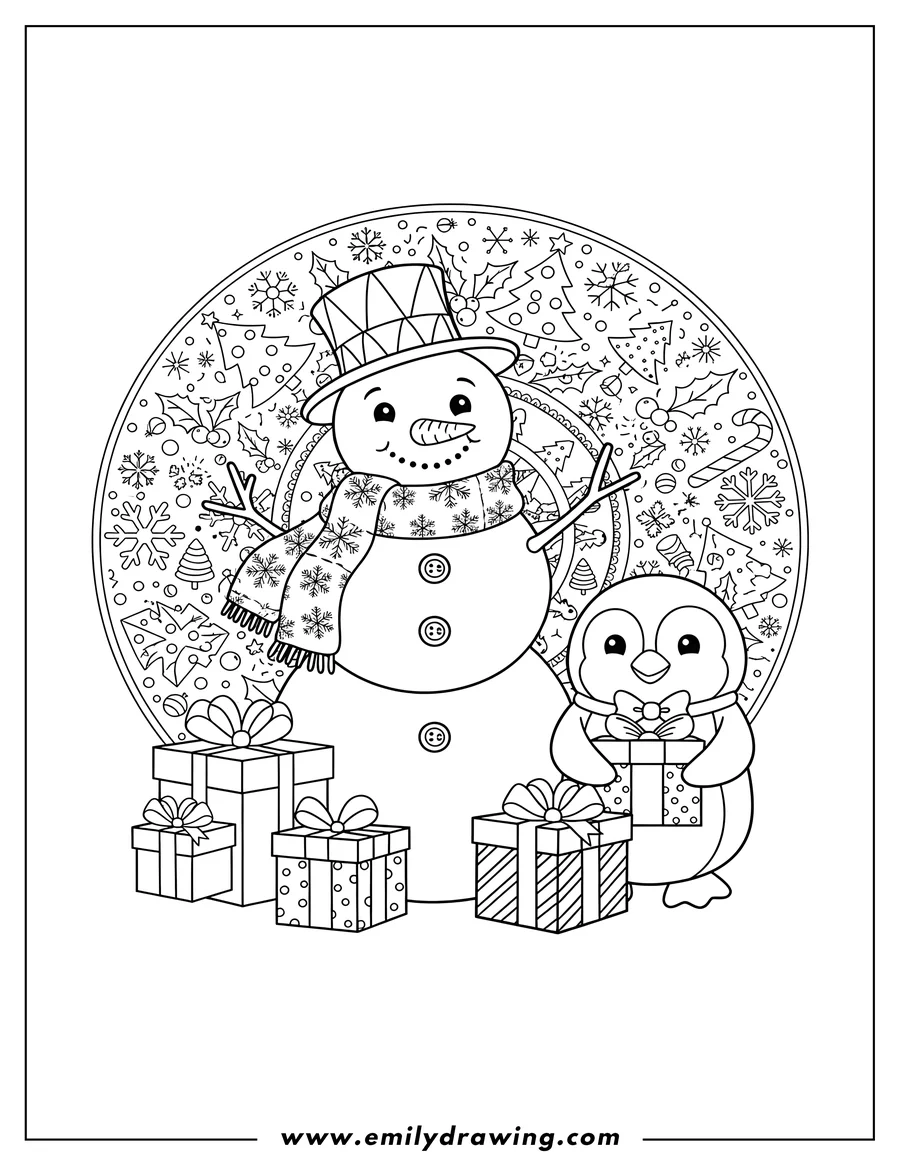 Downloadable coloring page of A snowman wearing a hat and scarf, a penguin holding a present, and several gifts in front of a Christmas mandala