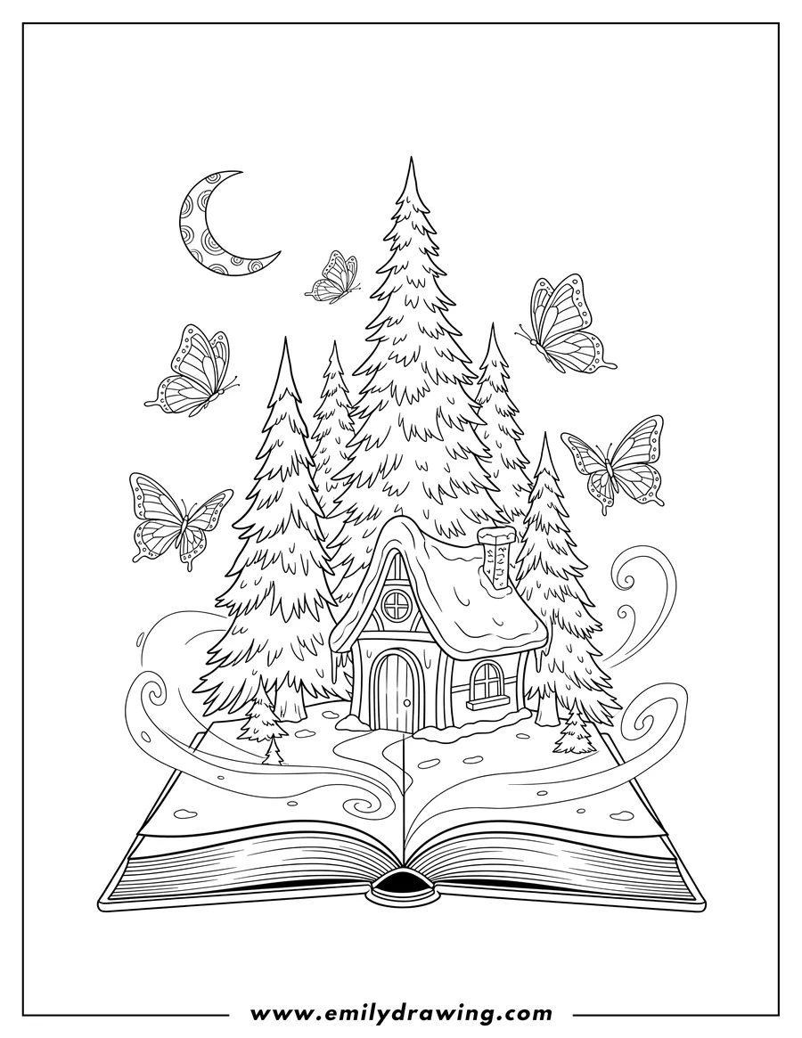 Free printable coloring sheet of snowy fantasy cottage and pine trees emerging from an open book, with butterflies and a crescent moon