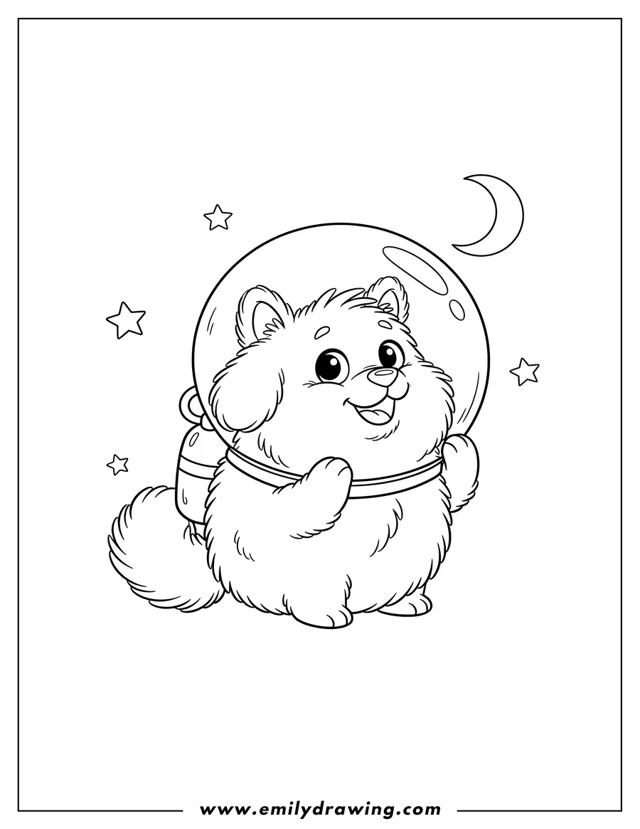 PDF style coloring page: cute Snuffles Dog Space Helmet, fluffy and looking up