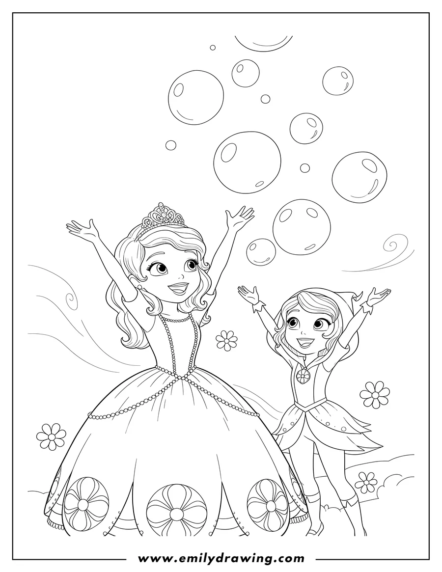 High quality printable sofia First and Gwen playing happily with bubbles, with their arms raised for coloring