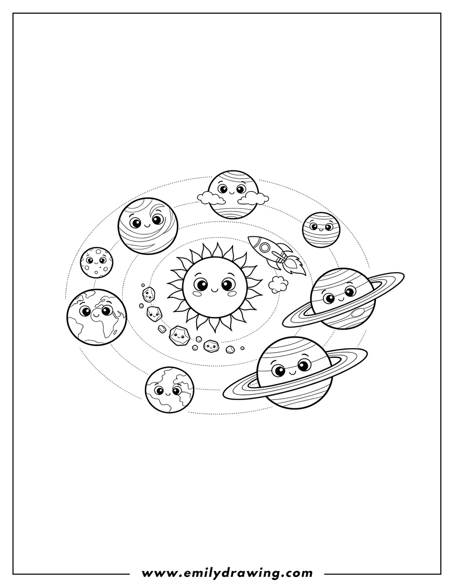 Vector style outline of solar System Map Excluding Pluto Scaled, featuring cute smiling planets, a rocket, and an asteroid