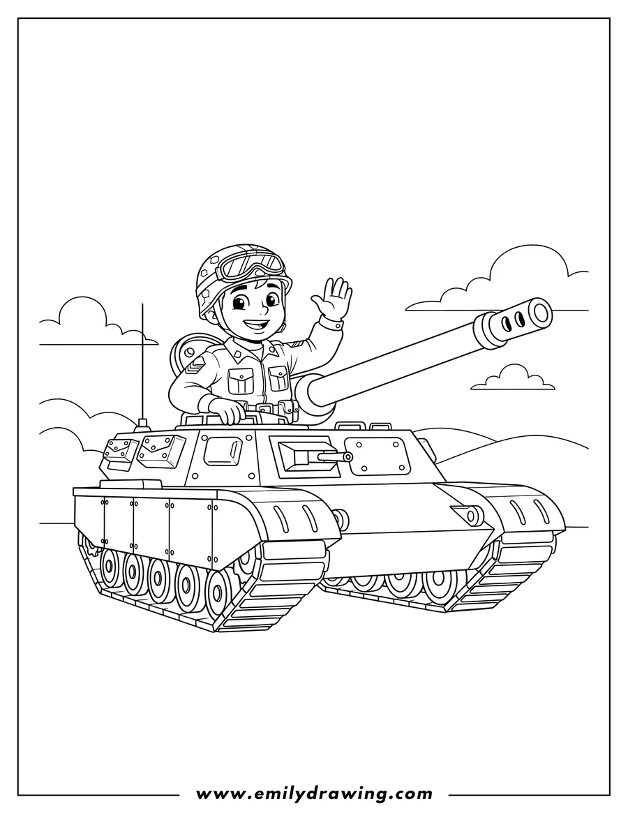 Simple sketch of soldier standing in the open hatch of a Military Battle Tank, looking left to color