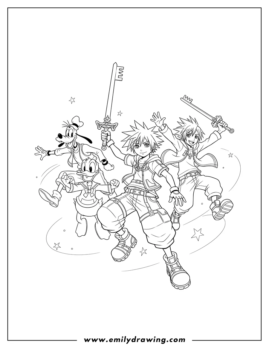 PDF style coloring page: kingdom Hearts Sora holding a Keyblade, with Roxas, Donald Duck, and Goofy jumping