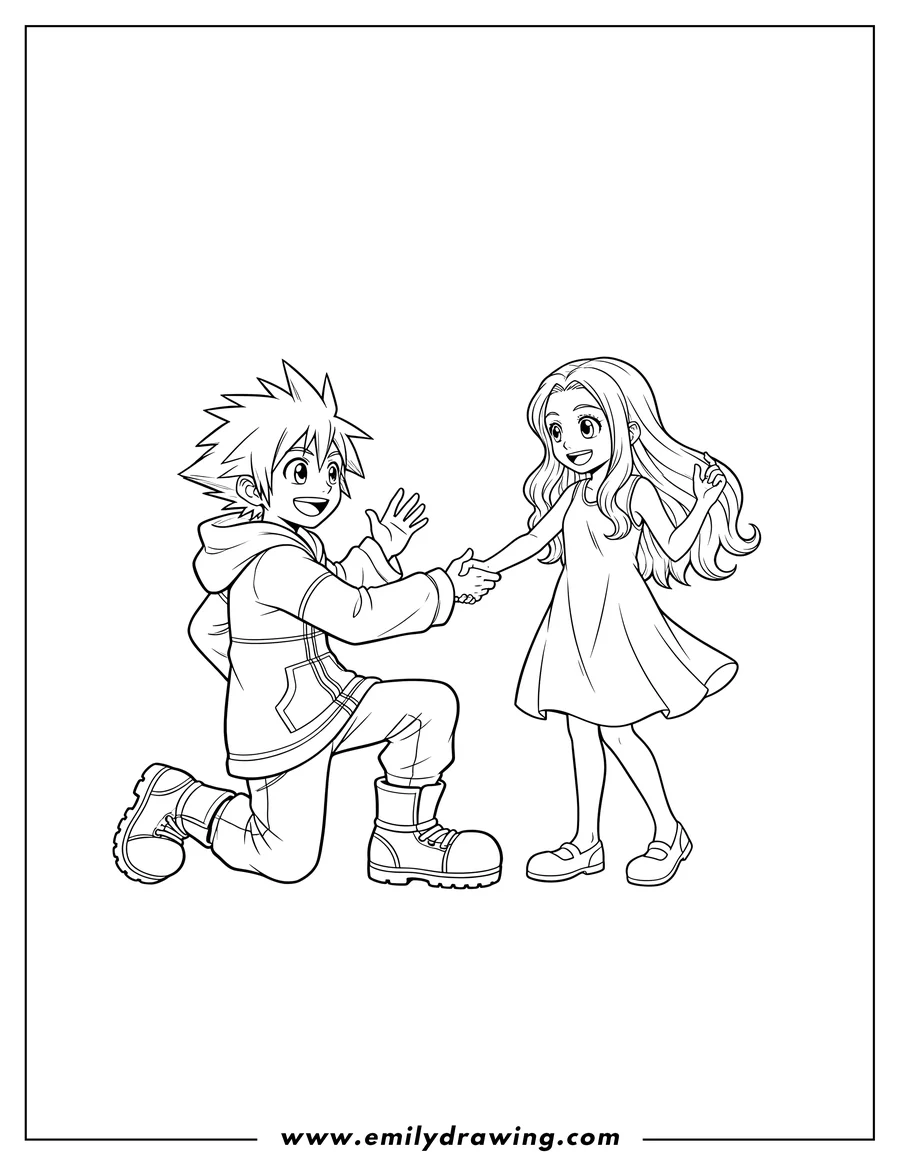 Vector style outline of sora Kneeling Front Kairi, shaking hands