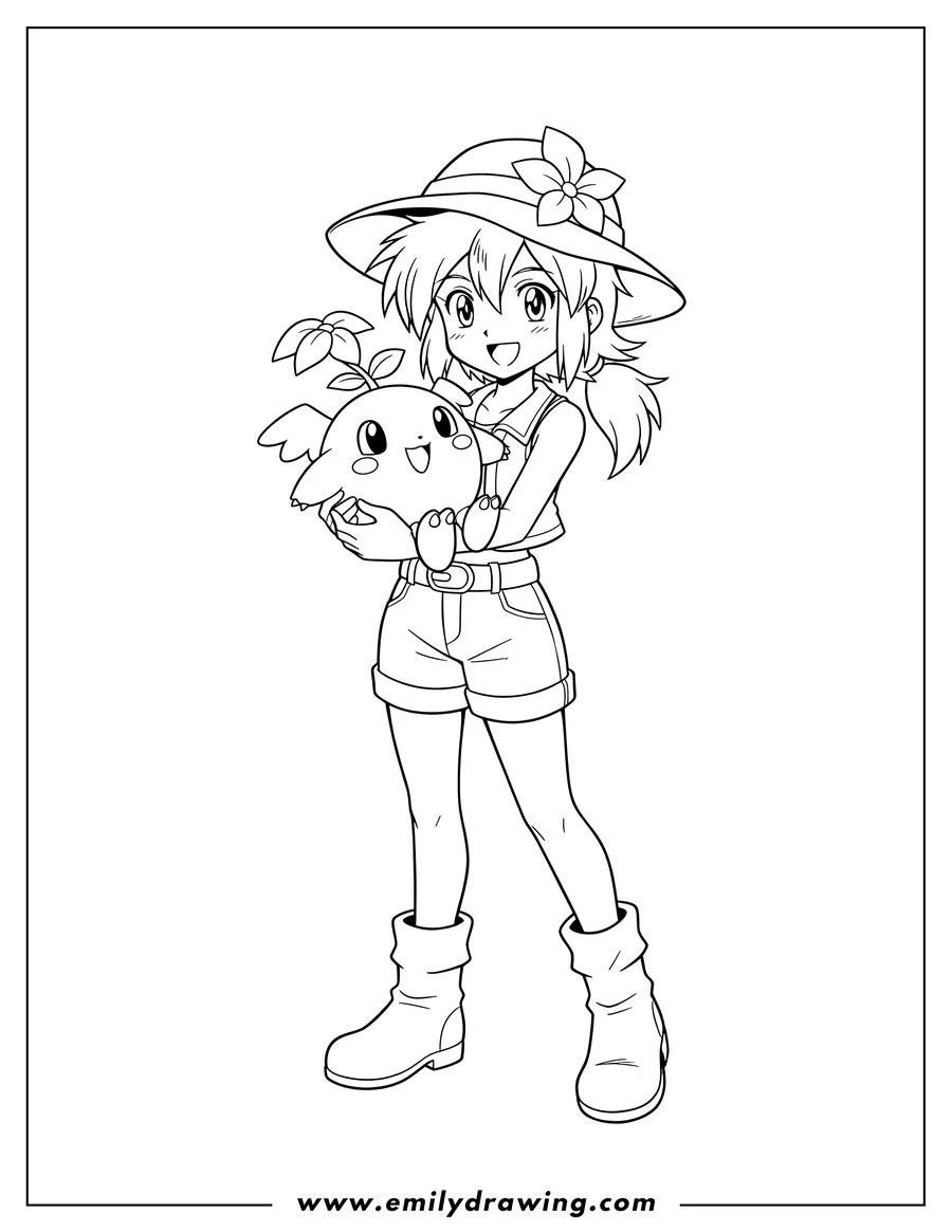 Black and white line art of digimon Sora Takenouchi smiling and holding Yokomon
