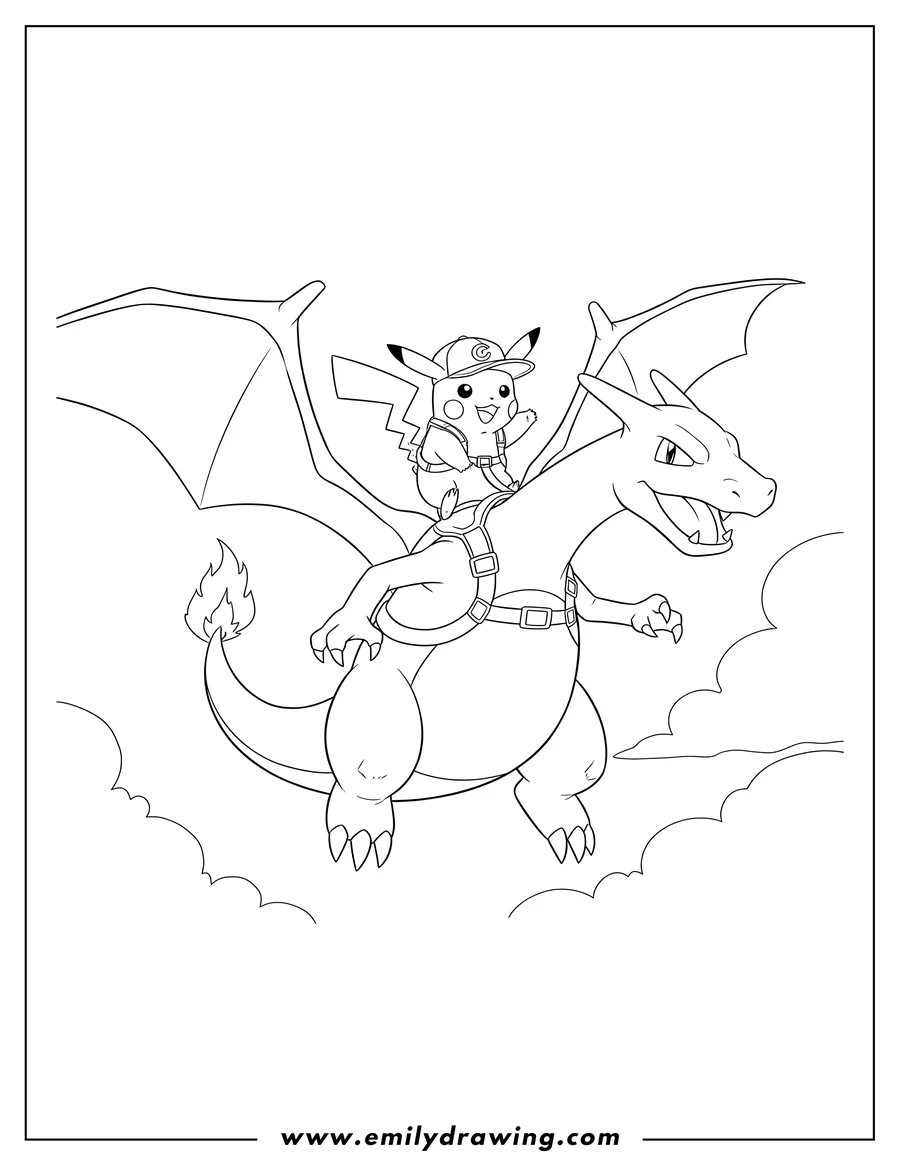 Coloring sheet featuring special Delivery Charizard flying with Pikachu riding on its back, wearing a hat and harness