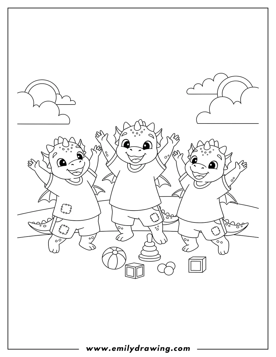 PDF style coloring page: spike Dragon Preschoolers, dancing with arms raised
