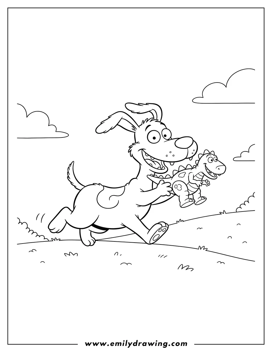 Coloring page of spike happily running with a Toy Reptar in his mouth