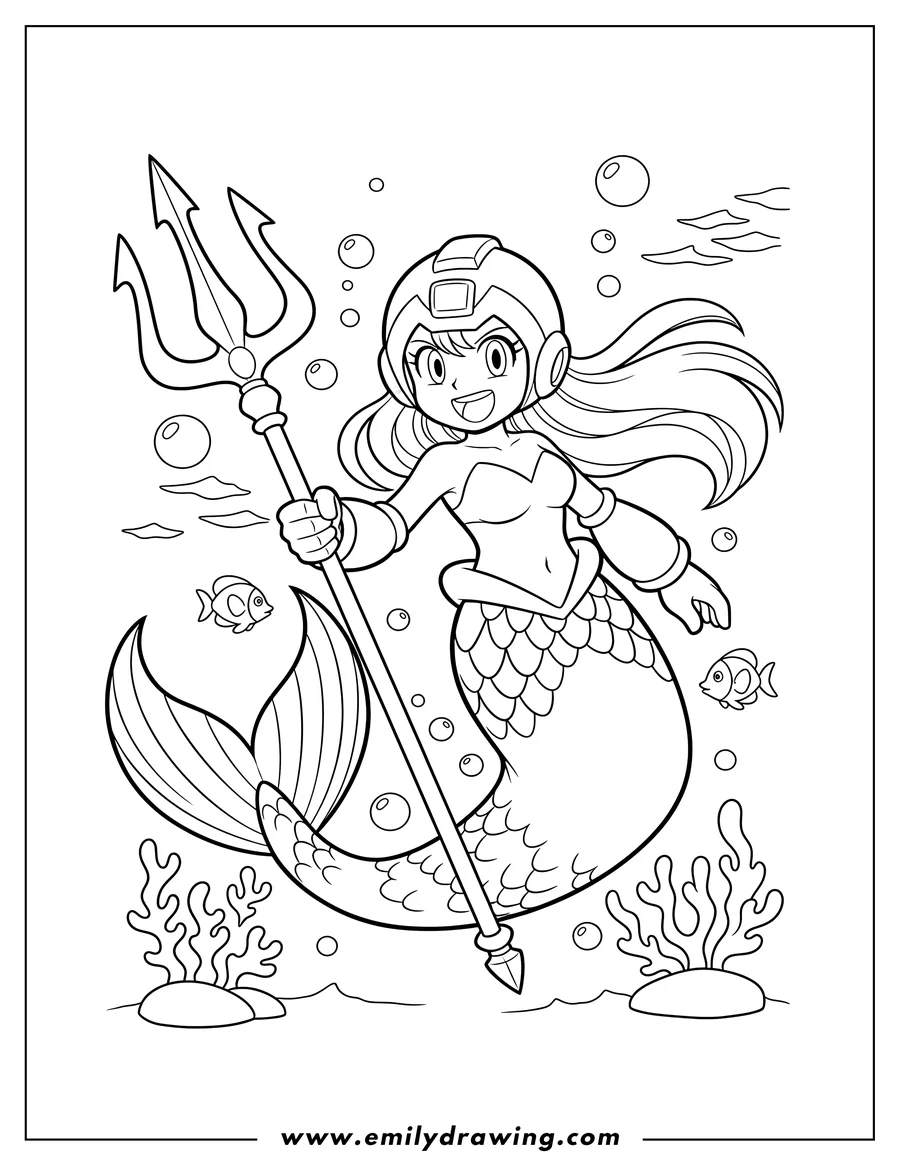 Printable line art of splash Woman wearing a helmet and a mermaid tail, holding a trident, and smiling underwater