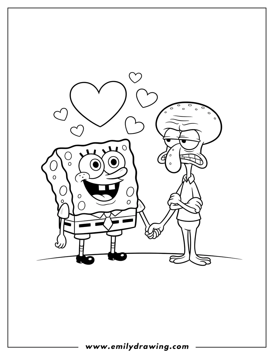 Outline drawing of cute Spongebob holding Squidward's hand, looking up with hearts, and an annoyed Squidward