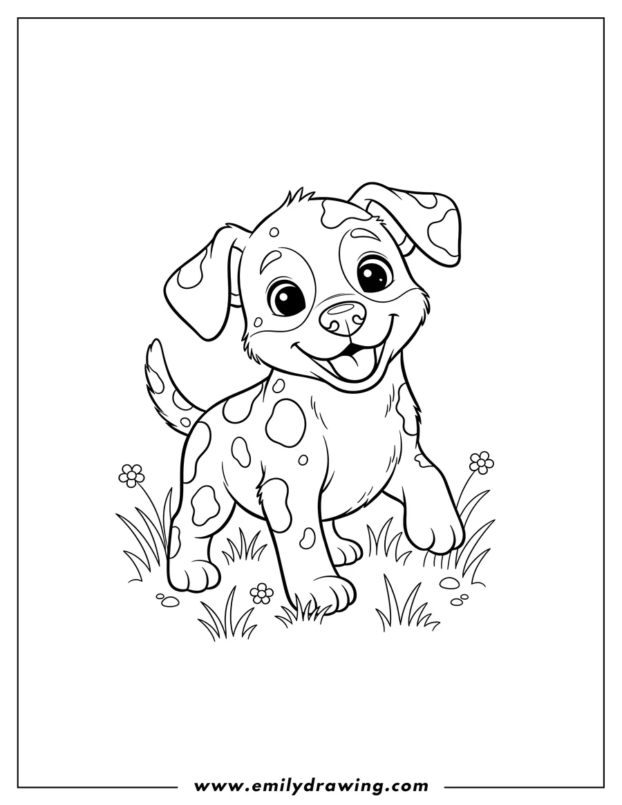 Downloadable coloring page of cute spotted puppy standing and smiling in a field
