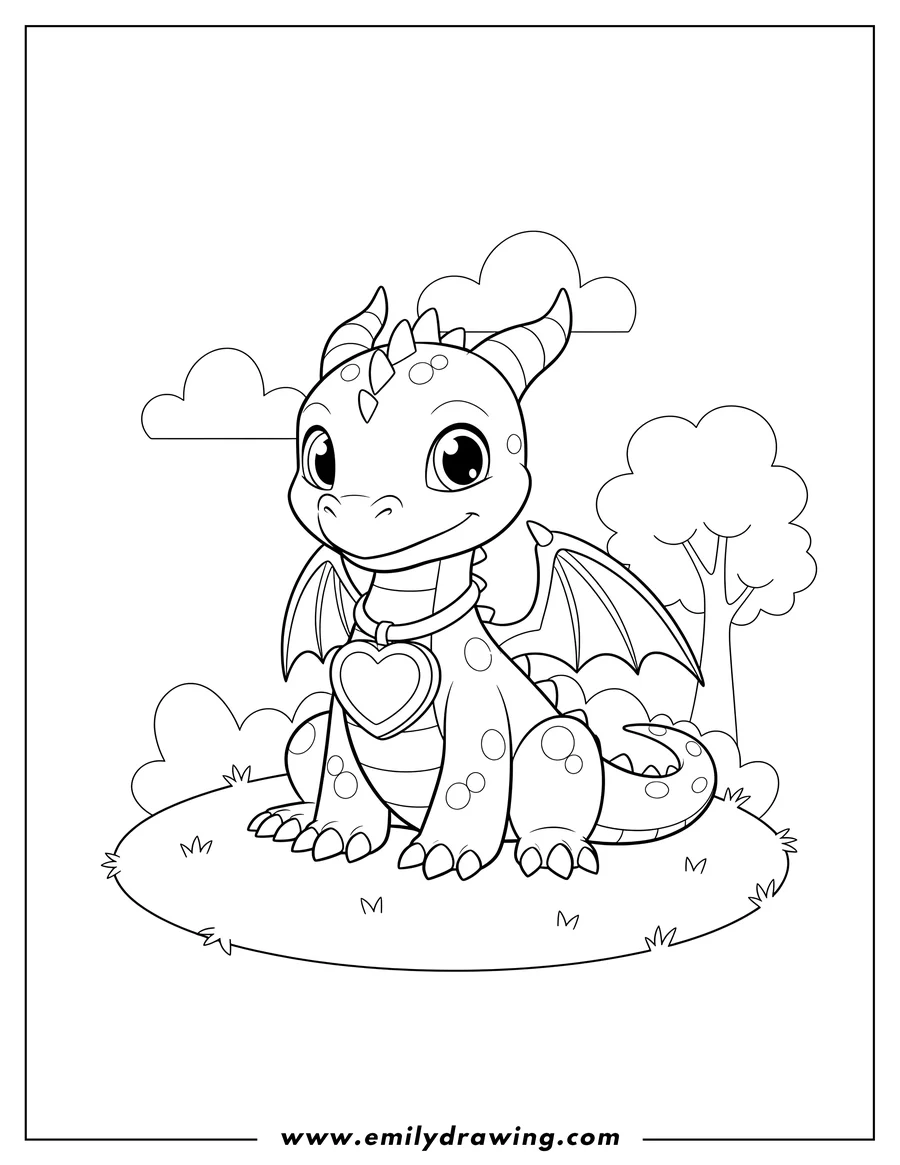 Outline drawing of spyro Ember Preschoolers, sitting, wearing a heart locket