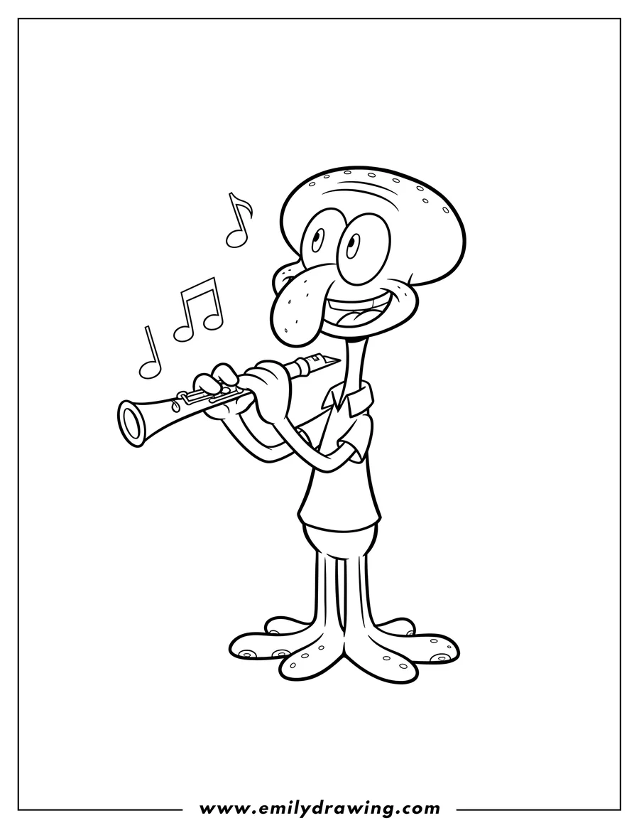 Coloring page for kids: cute Squidward standing and joyfully playing his clarinet