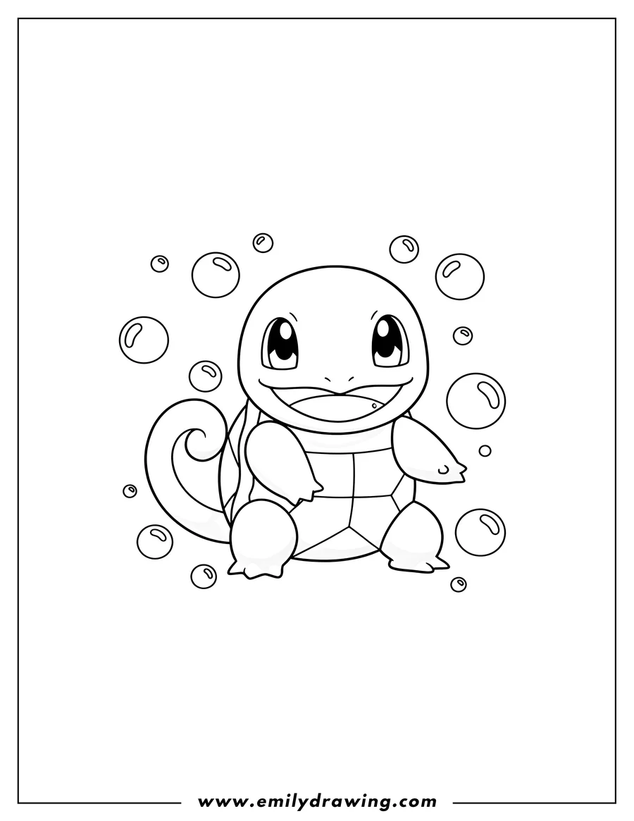 High quality printable cute Squirtle Pokemon sitting, smiling, with bubbles to color for coloring