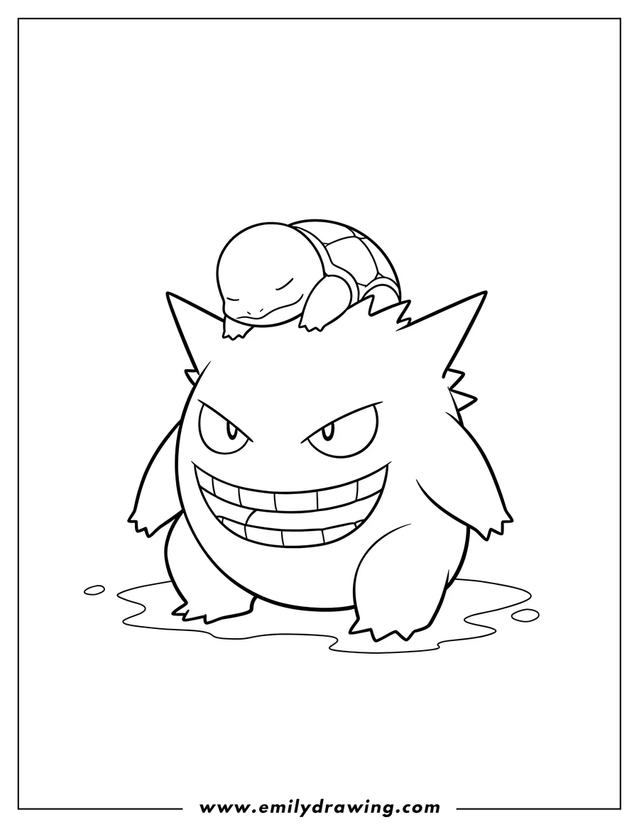 Black and white line art of squirtle sleeping on a sitting Gengar's head