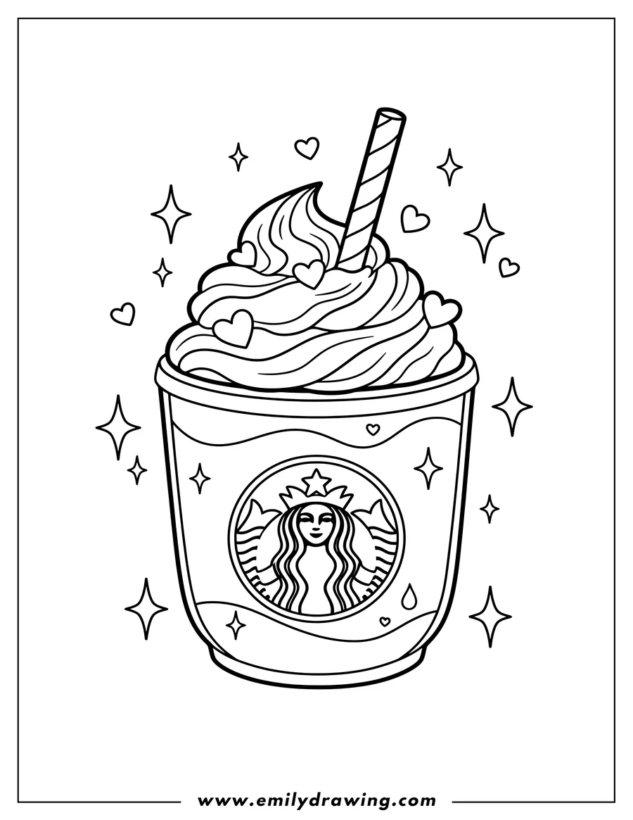 Printable line art of cute Starbucks drink with overflowing whipped cream, a straw, the Starbucks logo, hearts, and sparkles