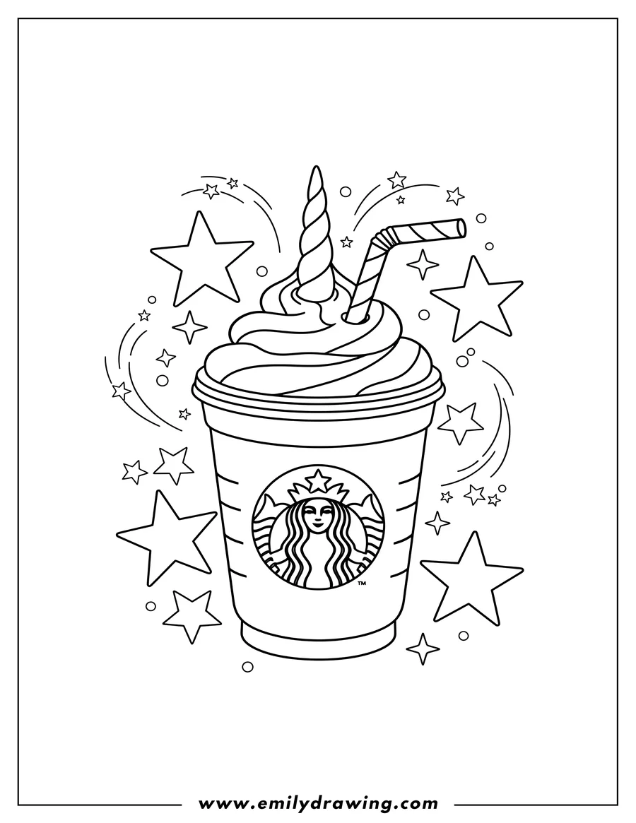 Simple sketch of starbucks Frappe With Starry Sparkles, a unicorn horn, and a straw to color