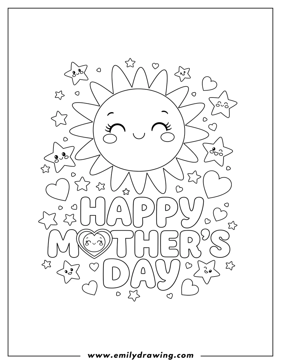Vector style outline of starry Happy Mother S Day Greeting, with scattered hearts and stars, as a coloring page