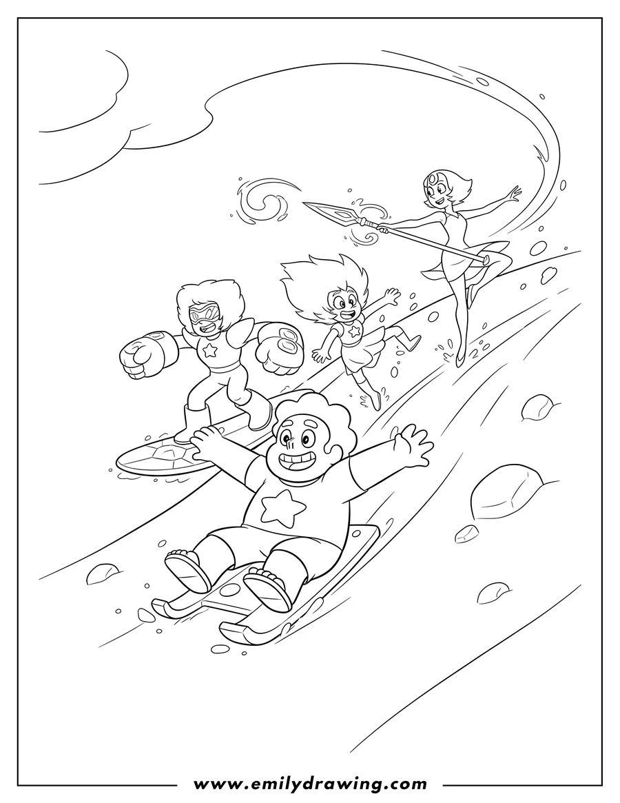 Printable coloring page of cartoon Steven Universe Cartoon Network, Steven and the Crystal Gems sliding down a slope