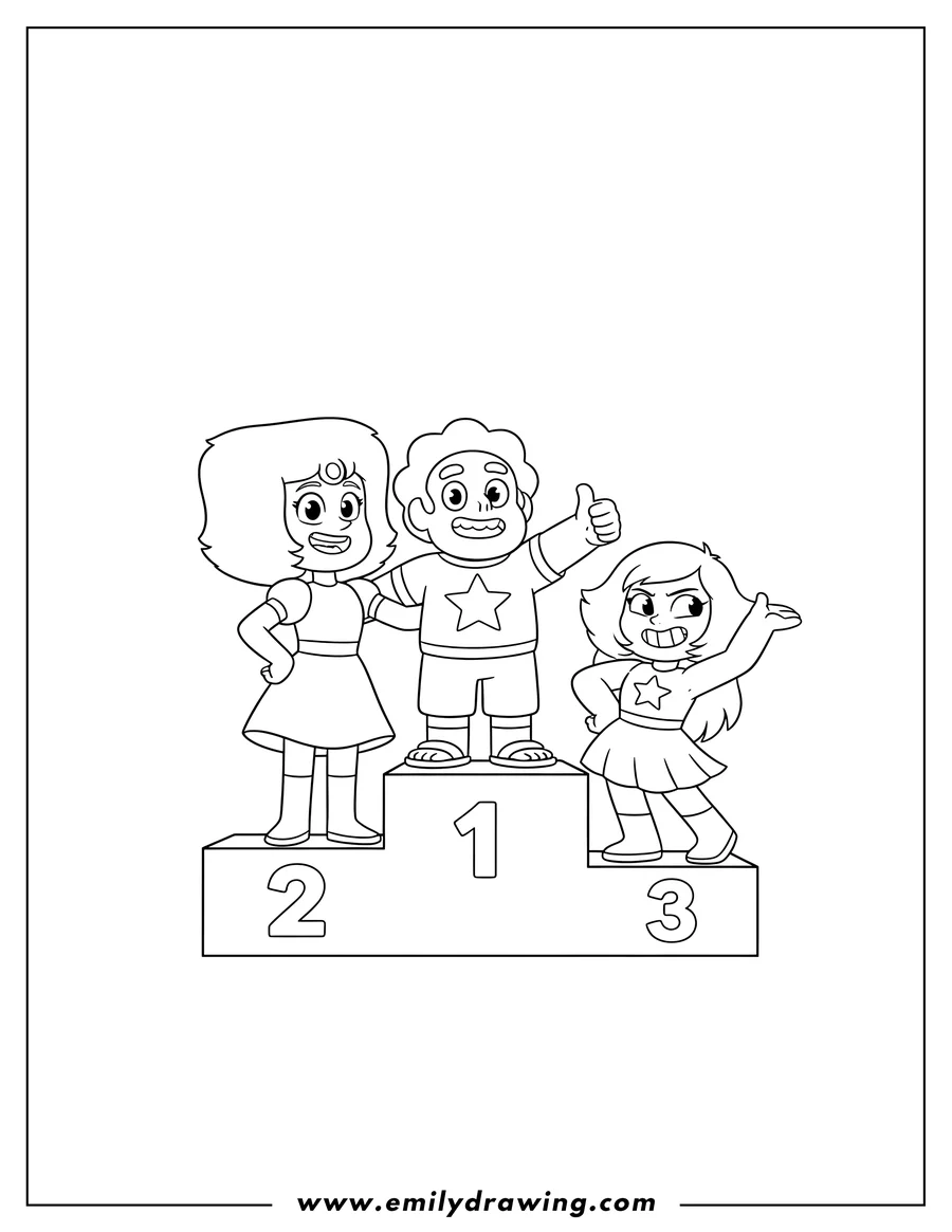 Coloring page of cute Steven Universe giving a thumbs-up on a podium with Garnet and Pearl arm-in-arm, and Amethyst