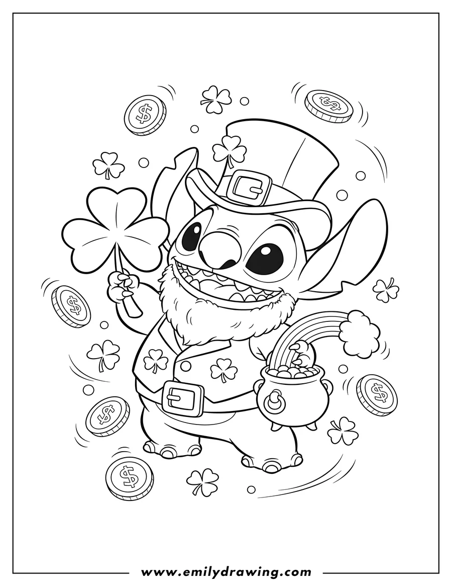 Coloring sheet featuring cute Stitch dressed as a leprechaun, holding a shamrock and surrounded by falling gold coins, for preschoolers
