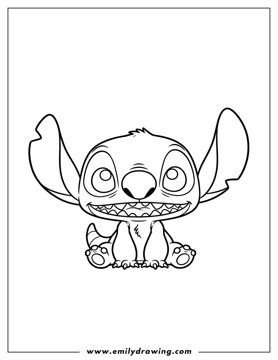 Vector style outline of cute Stitch Funko Pop Scaled, sitting and smiling widely