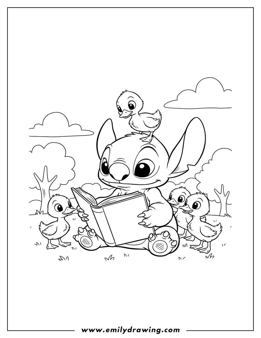 Free printable coloring sheet of stitch reading an open book to ducklings, with one duckling on his head