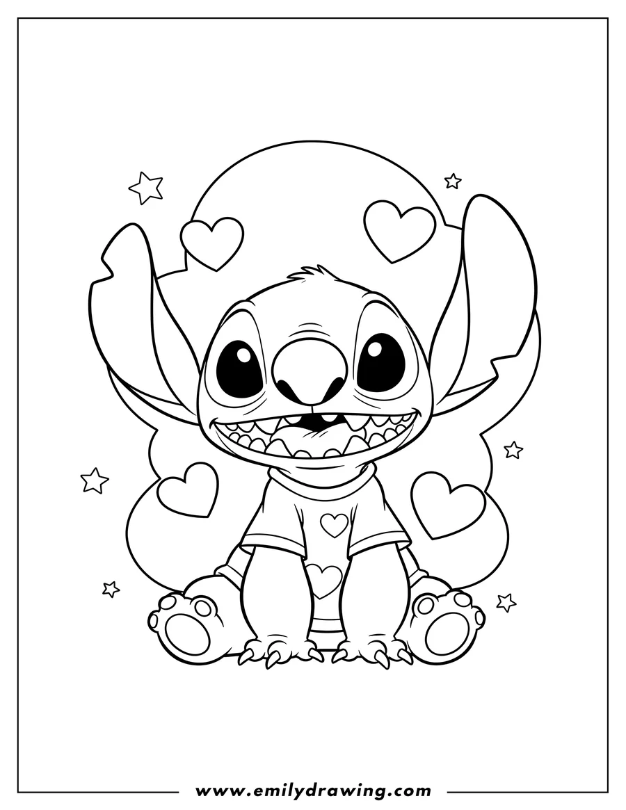 Coloring page of cute Stitch sitting in a t-shirt, smiling with love hearts