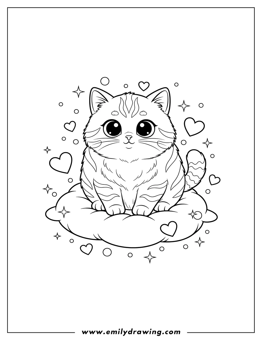 Outline drawing of fluffy Striped Kitten with Big Eyes Sitting On a Puffy Cushion With Love Hearts And Sparkles