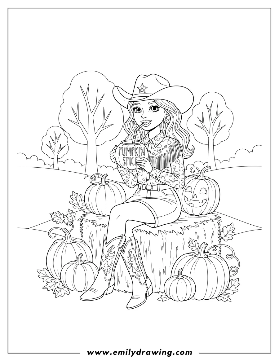 Full page coloring image of stylish Cowgirl sitting, wearing cowboy boots, drinking Pumpkin Spice with a straw, surrounded by pumpkins in autumn
