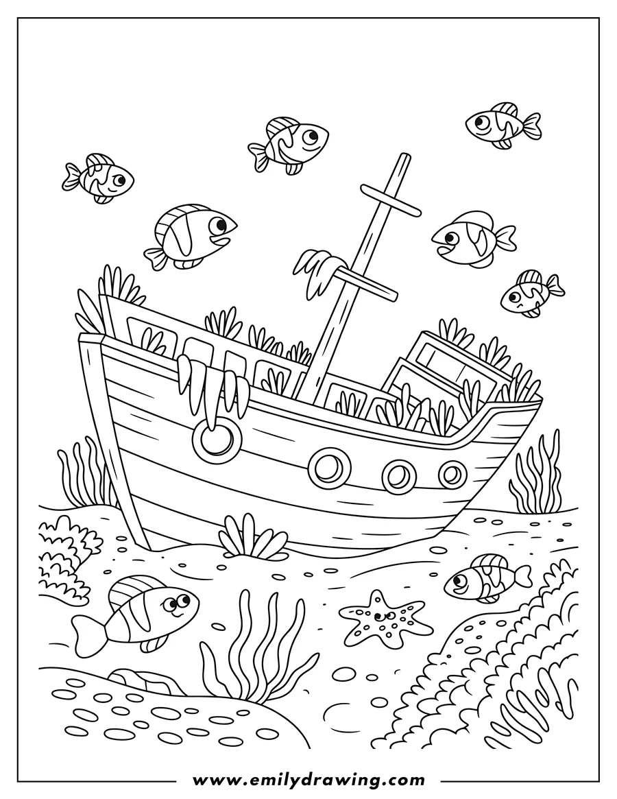 Coloring page of sunken Ship