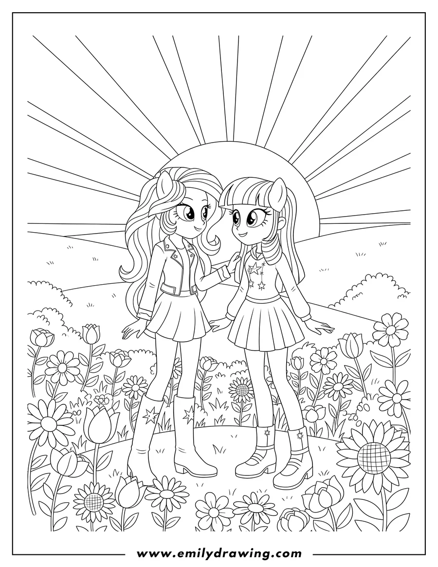 Printable line art of sunset Shimmer and Twilight Sparkle looking at each other in a flower field