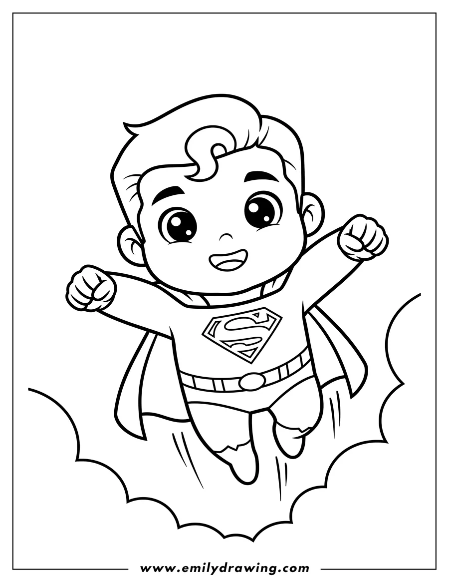 Outline drawing of cute Superman Cartoon Scaled flying with big eyes