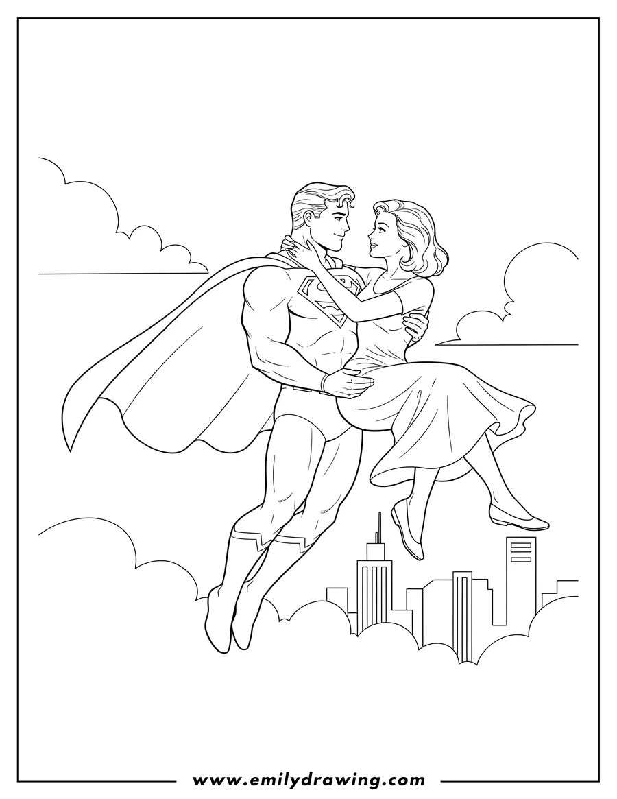 Simple sketch of superman flying and carrying Lois Lane in his arms, looking at each other to color