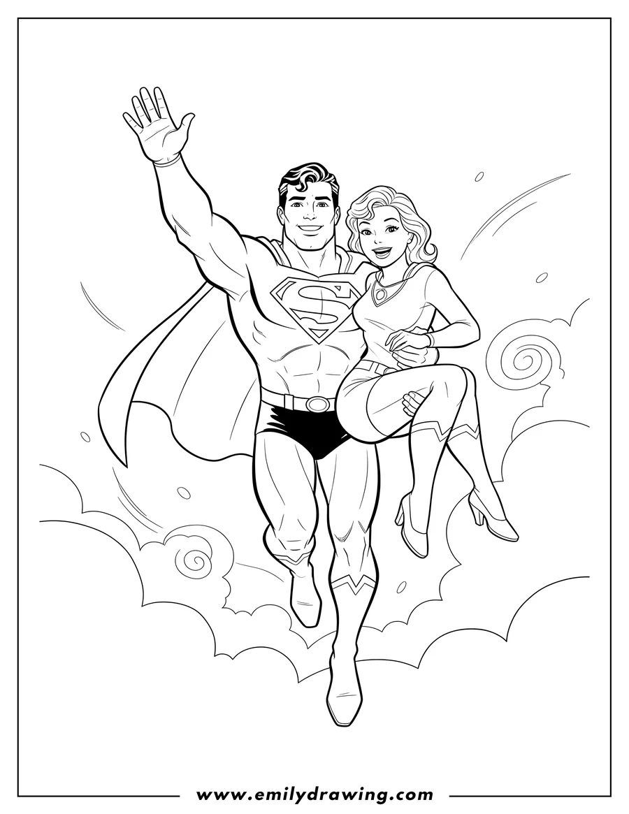Printable coloring page of superman rescuing Lois Lane, flying together, both smiling, with Superman waving