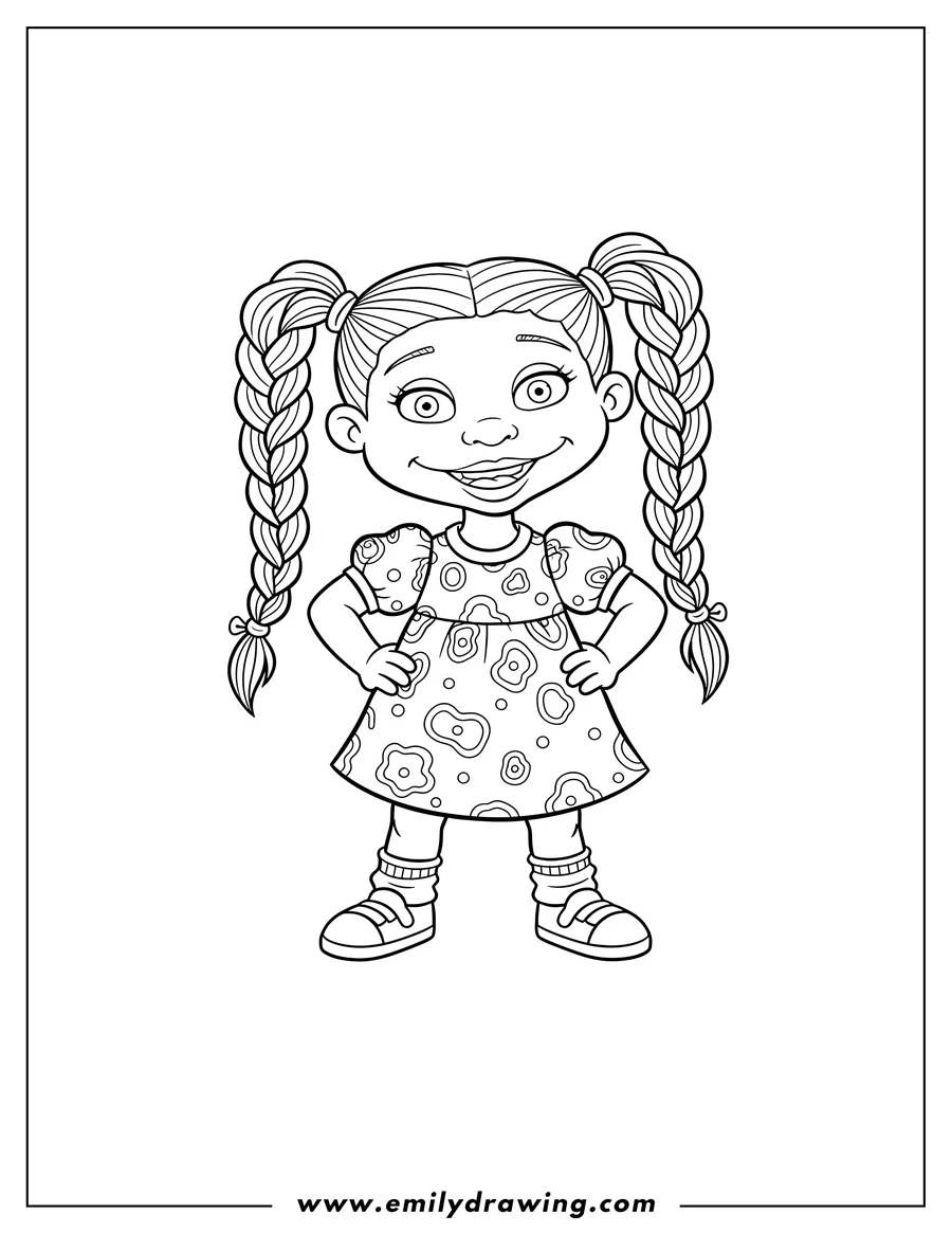 Linear illustration of cute Susie Carmichael smiling with hands on hips and braided pigtails