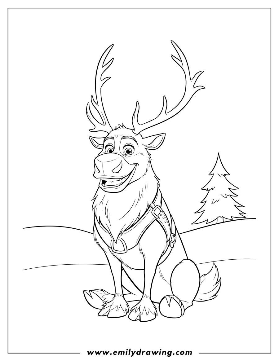 Coloring sheet featuring sven Reindeer sitting, smiling, wearing a harness